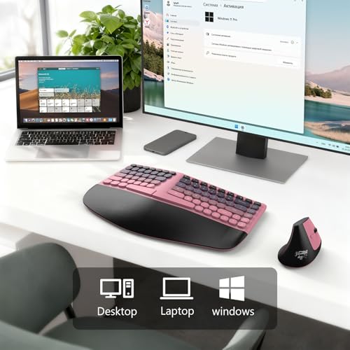 MOFII Wireless Ergonomic Keyboard & Mouse Combo – Split Curved Keyboard with Wrist Rest (All-Day Comfort) + Wireless Vertical Ergonomic Optical Mouse, Compatible with PC/Laptop/Desktop- Pink Gradient - color: Black Pink Gradient