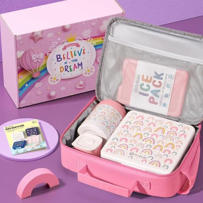 Fimibuke Kids Bento Snack Lunch Box with Thermo Insulated Toddler Lunch Bag | Lunch Box Kids with 4 Compartment, Food Jar, Ice Pack, Utensils, Birthday Gifts for Ages 3-12 Back to School Toddler Girl Boy - color: A1.Rainbow