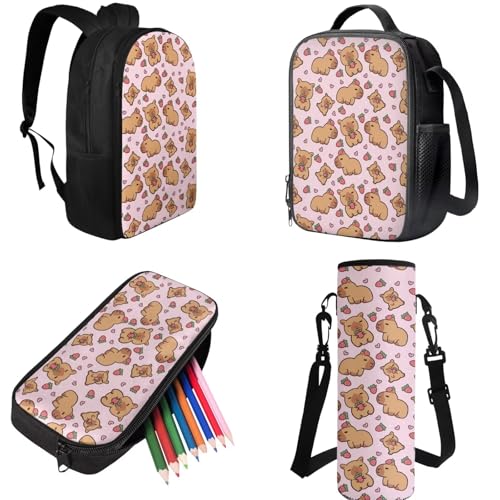 Strawberry Capybara Bag,Cute Bookbag School Supplies for Kids Back to School Multifunctional Backpacks Set of 4 for 3rd Grade Boys Girls children's Lunch Box Pencil Case Water Bottle Holder - color: Strawberry Capybara Adorable