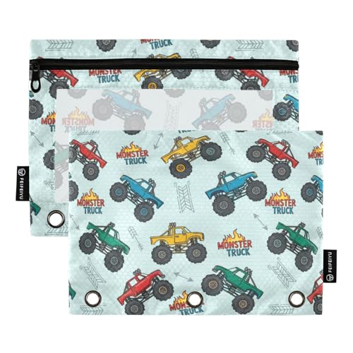 Cartoon Monster Trucks Blue 3 Ring Binder Pockets 2 Pack, Clear Window Zipper Pouch for 3 Ring Binder, Pencil Pouch for School Supplies, College Binder Accessories for Boys Girls - color: Monster Trucks
