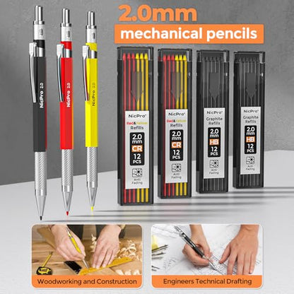 Nicpro 38Pcs Carpenter Pencil with Sharpener, Carpenter Tool in Canvas Case | 102 Refill,Carpenter Pencil Set with 6 Deep Hole Long Nib Marker Pen, Scribe Tool, Construction Pencils for Architect Marking - size: 38 Pack