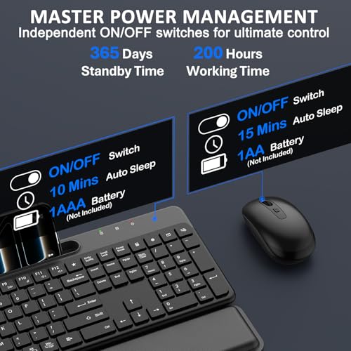 Wireless Keyboard and Mouse Combo, 2.4G Full-Sized Ergonomic Computer Silent Keyboard with Soft Wrist Rest, Phone Tablet Holder, 3 DPI Quiet Mouse for Windows, Mac OS Laptop/PC/Desktop
