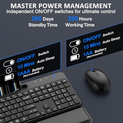 Wireless Keyboard and Mouse Combo, 2.4G Full-Sized Ergonomic Computer Silent Keyboard with Soft Wrist Rest, Phone Tablet Holder, 3 DPI Quiet Mouse for Windows, Mac OS Laptop/PC/Desktop