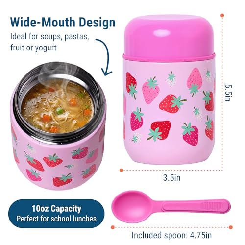 Wildkin Kids 10 oz Insulated Food Jar, Strawberry | Wide-mouth 10 oz jar keeps food hot up to 5 hrs and cold up to 7 hrs · includes two folding spoons · stainless steel interior - color: Strawberry Patch