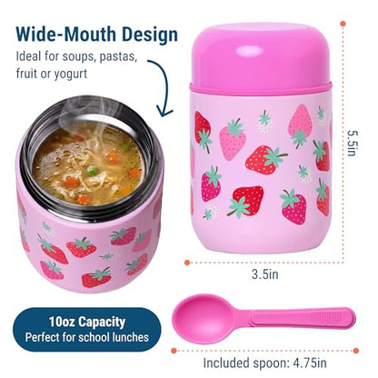 Wildkin Kids 10 oz Insulated Food Jar, Strawberry | Wide-mouth 10 oz jar keeps food hot up to 5 hrs and cold up to 7 hrs · includes two folding spoons · stainless steel interior - color: Strawberry Patch