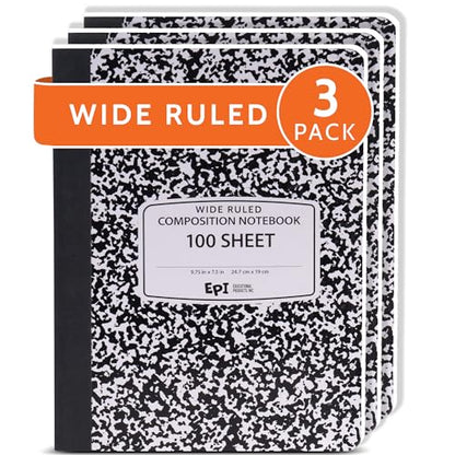 3 Pack - EPI Marble Hardcover Wide Ruled Composition Notebook | 200 Pages (100 Sheets), 9.75 x 7.5 in, Sturdy Sewn Binding | School, Office, Journaling, Notes - size: Pack of 3, style: Wide Ruled