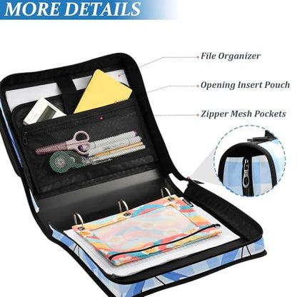 3 Ring Zipper Binder with Shoulder Strap Cherry Blue Bow 1.5 inch Binders Keeper Large Capacity Multi Pockets for School Office Supplies - color: Multi478, size: Fit 500 Sheets