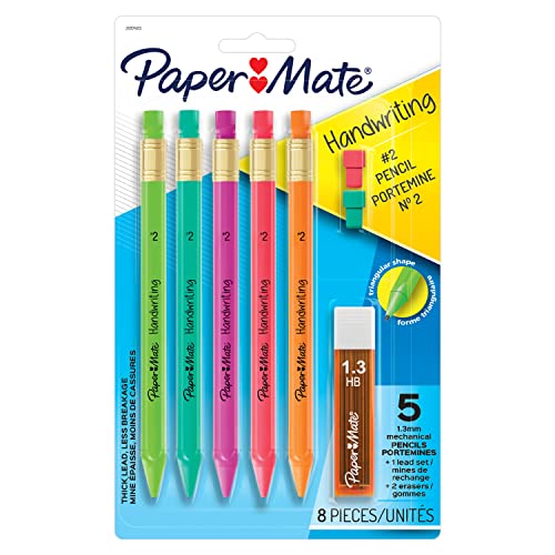 Paper Mate Handwriting Triangular Mechanical Pencil Set with Lead & Eraser Refills, 1.3mm, School Supplies, Office Supplies, Sketching Pencils, Drafting Pencil, Fun Barrel Colors, 8 Count (Pack of 2) - size: 10 count