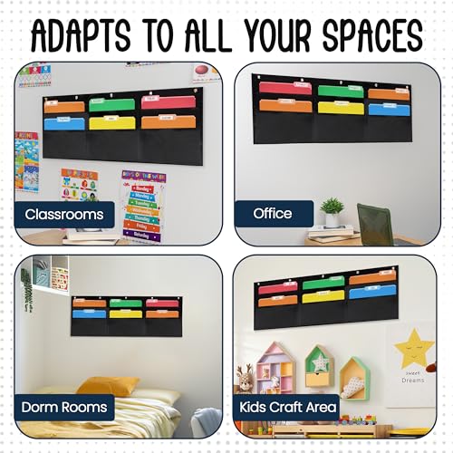 Essex Wares - 6 Pocket Horizontal File Hanging Paper Organizer for Letter Documents, Black, 42" Wide x 15.5" - Hanging Pocket File Organizer - Black Pocket Chart for Classroom & Office - 6 Pockets