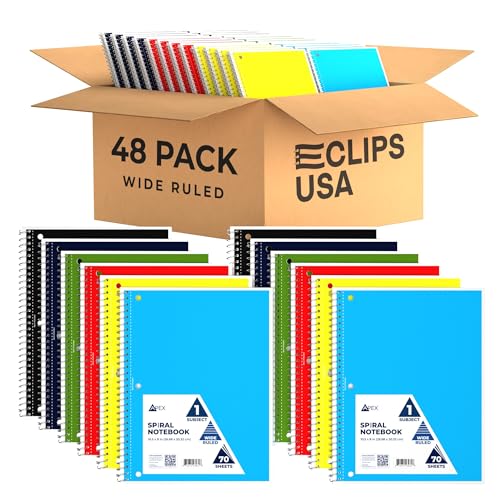 E-CLIPS USA Wide Ruled Spiral Notebooks Bulk Spiral Bound Notebooks for Work 1 Subject Notebook 6 Color Assortment 3 Hole Perforated 70 Sheets 140 pages 10.5" x 8" (48 pack) - size: 48 Pack, style: Wide Ruled