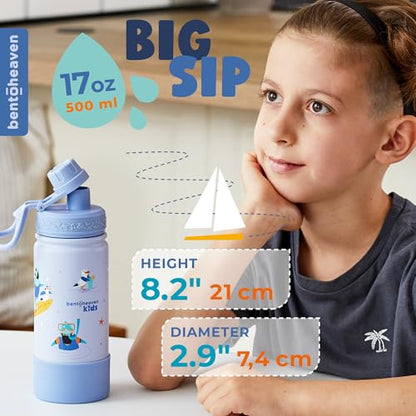 Bentoheaven Kids Water Bottle Stainless Steel for Boys & Girls, Blue | Reusable 17 oz insulated metal tumbler with 2 lids (chug and straw), leakproof design, silicone boot for school and sports. - color: Ocean Blue