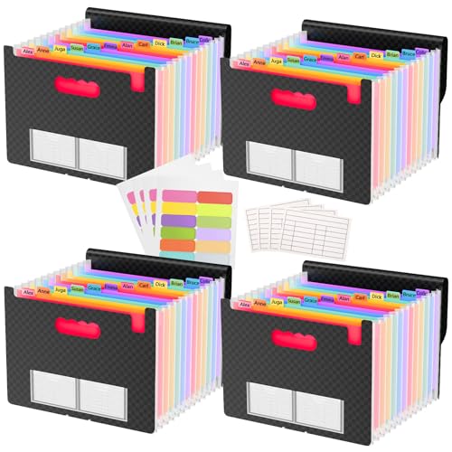 4 Pack Waterproof Accordion File Organizer, 13 Pockets Expanding File Folder with Colored Blank Tabs, Suitable for Students and Office Workers to Manage and Store Documents（Black）