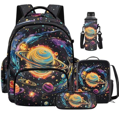 Cosmic Planet Backpack for Boys Girls Kids Backpack with Lunch Box Water Bottle Carrier and Cute Pencil Case 4PCS Set Bookbag with Front Pocket for School 17 inch Large School Bag Graduation - color: Cosmic Planet