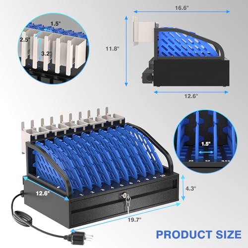 POCHAR 10-Device Open Charging Station for Chromebooks, iPads & Tablets | Heavy-Duty Steel Charging Rack with Lockable Storage Drawer, Multi-Device Charging Organizer for School, Office, Hospital - size: 10 Tablet/Chromebook