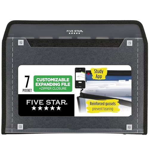 Five Star Expanding File Organizer + Study App, 7-Pocket Accordian File Organizer, Zipper Closure, Holds 8-1/2" x 11" Paper, Black (72709) - color: Black, size: Pack of 1