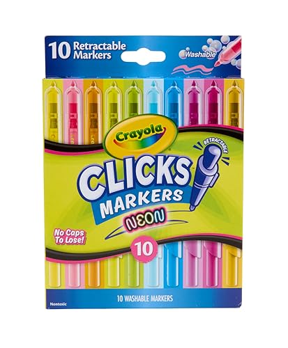 Crayola Clicks Retractable Tip Neon Markers (10ct), No Drying Washable Art Marker Set, Coloring Markers for Kids, Gifts for Boys & Girls, 3+ - color: Neon, style: Click Retractable Marker