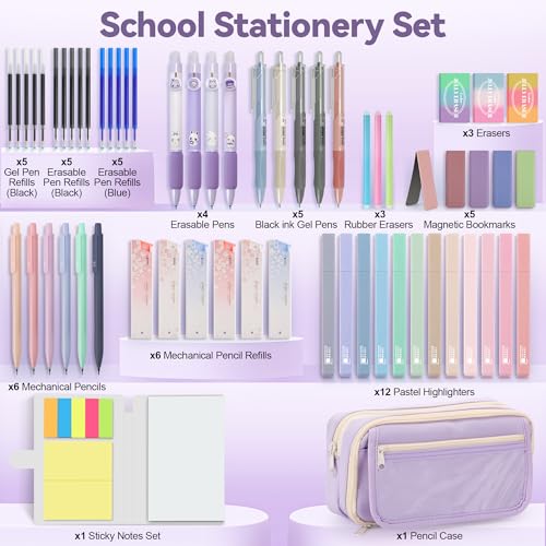 DazSpirit 61PCS Aesthetic College School Supplies Set with Cute Pencil Case | Pastel No Bleed Highlighters, Gel & Erasable Pens, Mechanical Pencils, Refills & Sticky Notes, Complete Stationery Kit - color: Purple