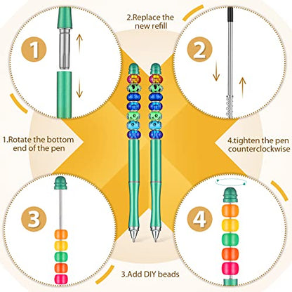 Chivao 50 Pieces Metal Beadable Pens Bulk Beaded Pens Black Ink Ballpoint with Refills Assorted Beadable Items for Focal Beads DIY Making Gifts Student Teacher Kids Women Business Office School