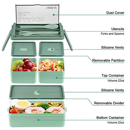 Bento Box Adult Lunch Box, All-in-One Lunch Containers with Removable Compartments, 2 Layers Stackable Bento Lunch Box Leak Proof, Microwave Safe