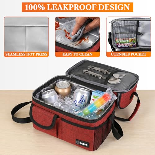 opux Insulated Lunch Bag Women Men, Dual Compartment Leakproof Lunch Box Adults Kids, Double Decker Meal Prep Bento Lunch Cooler Tote with Shoulder Strap for Work Office School Travel, Red - color: Heather Red