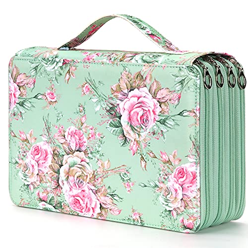 Vomgomfom 200 Slots Pencil Bag, 4-Layer Zipper Portable Art Supply Organizer, PU Leather Large Capacity Colored Pencil Case with Handle for 200 Watercolor Pens, Gel Pens (Green Rose) - color: Green, size: 200 Slots