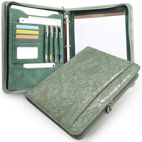 Embossed Faux Leather Zippered Padfolio with 3 Ring Binder, Executive Portfolio Organizer Binder for Women, Fits 13.9" Laptop/Tablet, Refillable Writing Pad Pocket, Green - color: Green, size: Zipper Portfolio(13.7"x11"x1.57")