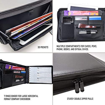 MSP 7 Ring Business Check Portfolio, Business Checkbook Briefcase in PU Leather with Handles, Zip Pockets, 3 Ring Binder, Carry 500 Business Check- Black