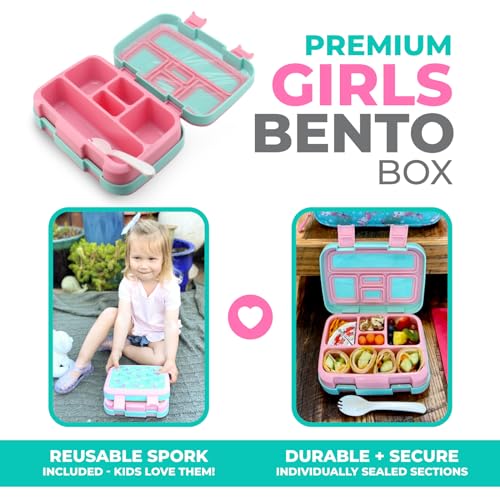 Kinsho Bento Lunch Box for Kids Toddlers, 5 Portion Control Sections, BPA Free Removable Plastic Tray, Pre-School Kid Toddler Daycare Lunches, Snack Container Ages 3 to 7 (Aqua Cat Mermaid) - color: Aqua Pink Cat Mermaid Bento
