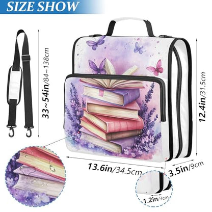 Butterfly Book Lavender Violet 3 Ring Zipper Binder with Shoulder Strap & Handle D-Ring Zippered Bag with Pencil Pouch, Expanding File Folder & Multiple Pocket, Binder Organizer for School