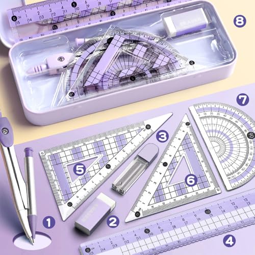 Math Geometry Tool Kit for Students – 8-Piece Compass Protractor Ruler Set with Metal Case, Anti-Myopia Office School Drawing Supplies (Purple) - color: Purple