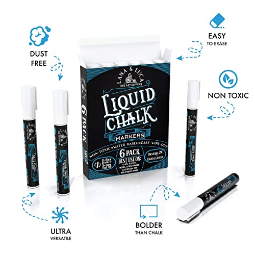 Liquid Chalk Marker Pen - White Dry Erase Marker - Chalkboard Signs, Windows, Blackboard, Glass (6 Pack) 3-6mm Reversible Tip, 3-3mm Fine Tip - size: 6 Count (Pack of 1)
