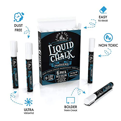 Liquid Chalk Marker Pen - White Dry Erase Marker - Chalkboard Signs, Windows, Blackboard, Glass (6 Pack) 3-6mm Reversible Tip, 3-3mm Fine Tip - size: 6 Count (Pack of 1)
