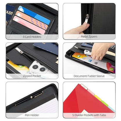 Ospelelf Zippered Padfolio Portfolio Folder, Leather Clipboard with Storage, 3 Ring Binder 1 Inch,12.1” Tablet Sleeve, 5 Dividers with Pocket, Refillable Notepad, Card Slot (Classic Black) - color: Black-1