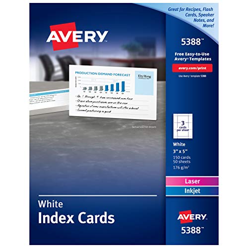 Printable Index Cards with Sure Feed, Unruled, Inkjet/Laser, 3 x 5, White, 150 Cards, 3 Cards/Sheet, 50 Sheets/Box