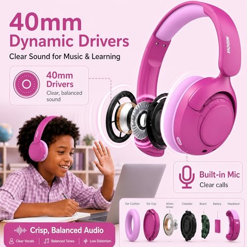MIDOLA Kids Bluetooth Headphones Active Noise Cancelling Lightweight Wireless Headphone for Kid Volume Limited 85/94dB Foldable Over-Ear Headset with Mic,68 Hours Playtime,for Toddler Child Rose Pink - color: Rose Pink
