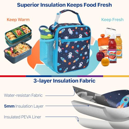 Bagseri Kids Lunch Bag with Shoulder Strap - Insulated Crossbody Boys Lunch Box for School & Travel, Reusable Large Meal Tote with Bottle Holder, Fits Bento Box, Navy Space - color: B Space Astronaut(Blue Trim), size: Crossbody Strap Series