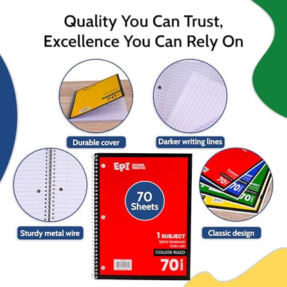 EPI Spiral Notebook | 1 Subject - College Ruled - 70 Sheets, Durable Spiral Binding | 10.5 x 8 in | Classroom Supplies | School, Office, Note Taking, Journaling - 48 Pack - size: Pack of 48, style: 1 Subject - College Ruled