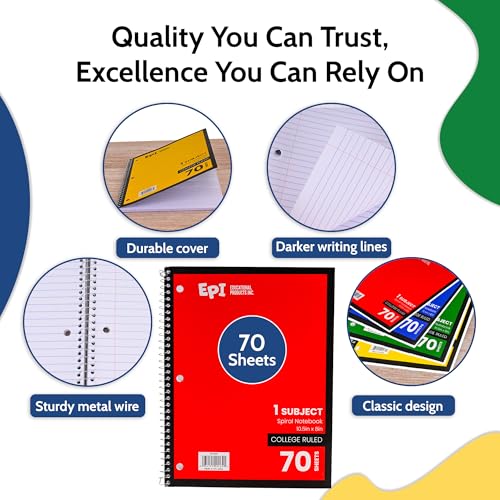 EPI Spiral Notebook | 1 Subject - College Ruled - 70 Sheets, Durable Spiral Binding | 10.5 x 8 in | Classroom Supplies | School, Office, Note Taking, Journaling - 3 Pack - size: Pack of 3, style: 1 Subject - College Ruled