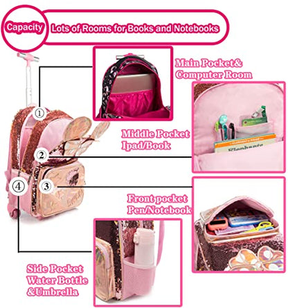 Girls Kids Rolling Backpack with Wheels Trolley School Bag Waterproof Travel Luggage for Kids Girls and Students lunch bag Lightweight and Multi functional 5-10 Years Old - color: C