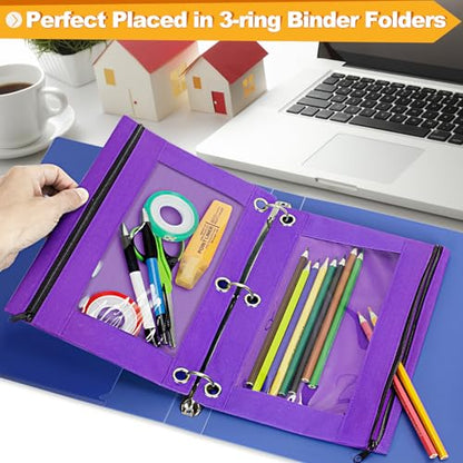 Pencil Pouch for 3 Ring Binder, 2 Pack Pencil Bags with Zipper, Purple Pencil Case for Classroom School Office Supplies, Large Sturdy and Durable Cloth Pencil Pocket for 3 Holder Binder - color: Purple