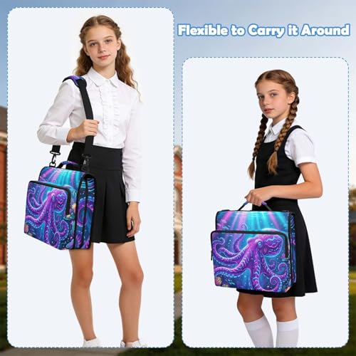 Octopus 2-inch 3 Ring Zipper Binder with Shoulder Strap Holds 14 Inch Laptop for Students and Office - color: Glowing Octopus