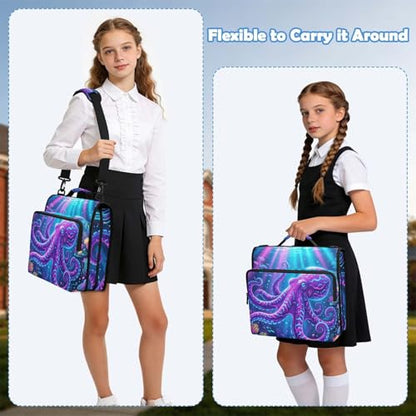 Octopus 2-inch 3 Ring Zipper Binder with Shoulder Strap Holds 14 Inch Laptop for Students and Office - color: Glowing Octopus