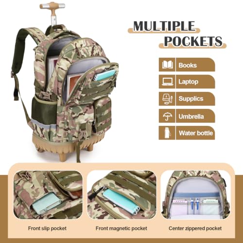 DIGOBAY Camo Rolling Backpack for Boys, 3PCS Tactical Kids Rolling Backpack Set with Lunch Bag & Pencil Case, Boys Wheeled School Bookbag for Elementary, Middle, High School - color: Camouflage Yellow/Green