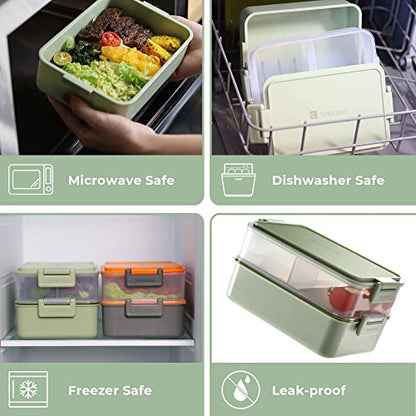 linoroso Stackable 2-Tier Adult Bento Box, 4 Compartments - Pale Mint | leakproof bento lunch box with fork & spoon + sauce cups, microwave/dishwasher safe, perfect for office, school & daily meals - color: Pale Mint