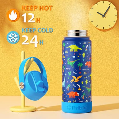 Fimibuke Kids Insulated Water Bottle, 18oz BPA FREE 18/8 Stainless Steel Kid Cup with Straw Travel Tumbler Double Wall Vacuum Leak Proof Toddler Water Bottle for School Boy Girl(1 Pack,White Dinosaur) - color: A12. White Dinosaur