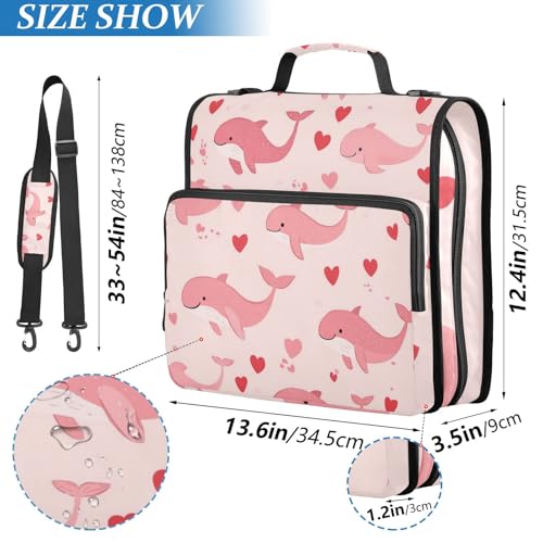 Pink Whales and Love Zipper Binder 3 Ring 1.5 Inch School Binder Organizer with Shoulder Strap Handle File Folder Pockets Large Capacity Students Girl Boy Men Office Work - color: Pink Sea Turtle