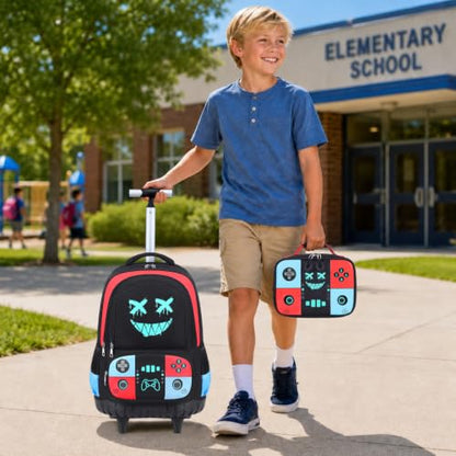 Bevalsa Rolling Backpack for Boys,Cool Luminous Gamer Roller School Backpacks with Lunch Box & Pencil Case,Kids Wheeled Schoolbag Bookbag with Wheels for Kindergarten Elementary School Travel - color: Red Blue Smile