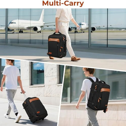 Vancropak Travel Backpack with Wheels, Rolling Backpack Fits 17.3" Laptop | Flight Approved Wheeled Luggage, Expandable Business Travel Suitcase, Womens Work Backpack, 3 Packing Cubes, Water Resistant - color: Black Brown