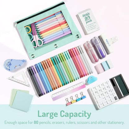 Forvencer Pencil Pouch for 3 Ring Binder, Pastels Pencil Case with Smooth Zipper, Cute Soft Pen Bag with Clear Window & 3 Reinforced Grommets, Big Capacity Binder Bag, School Office Supplies, Purple - color: Purple