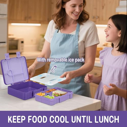 Chill Lunch Box Kids, Leak Proof Adult Bento Box with Ice Pack, 6 Compartment Lunch Container with Utensils for Girl Boy Back to School, 5.5-Cup Capacity, Dishwasher Safe, BPA Free - color: Purple-Horse